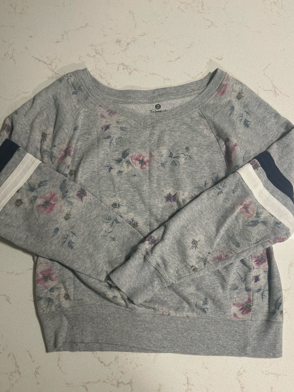 SO Gray Crewneck Sweatshirt with Pink & Blue Floral Print and Navy Stripes